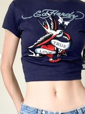 Ed Hardy Y2K Baby Tee Swallow True Love Cropped Tshirt XL Blue